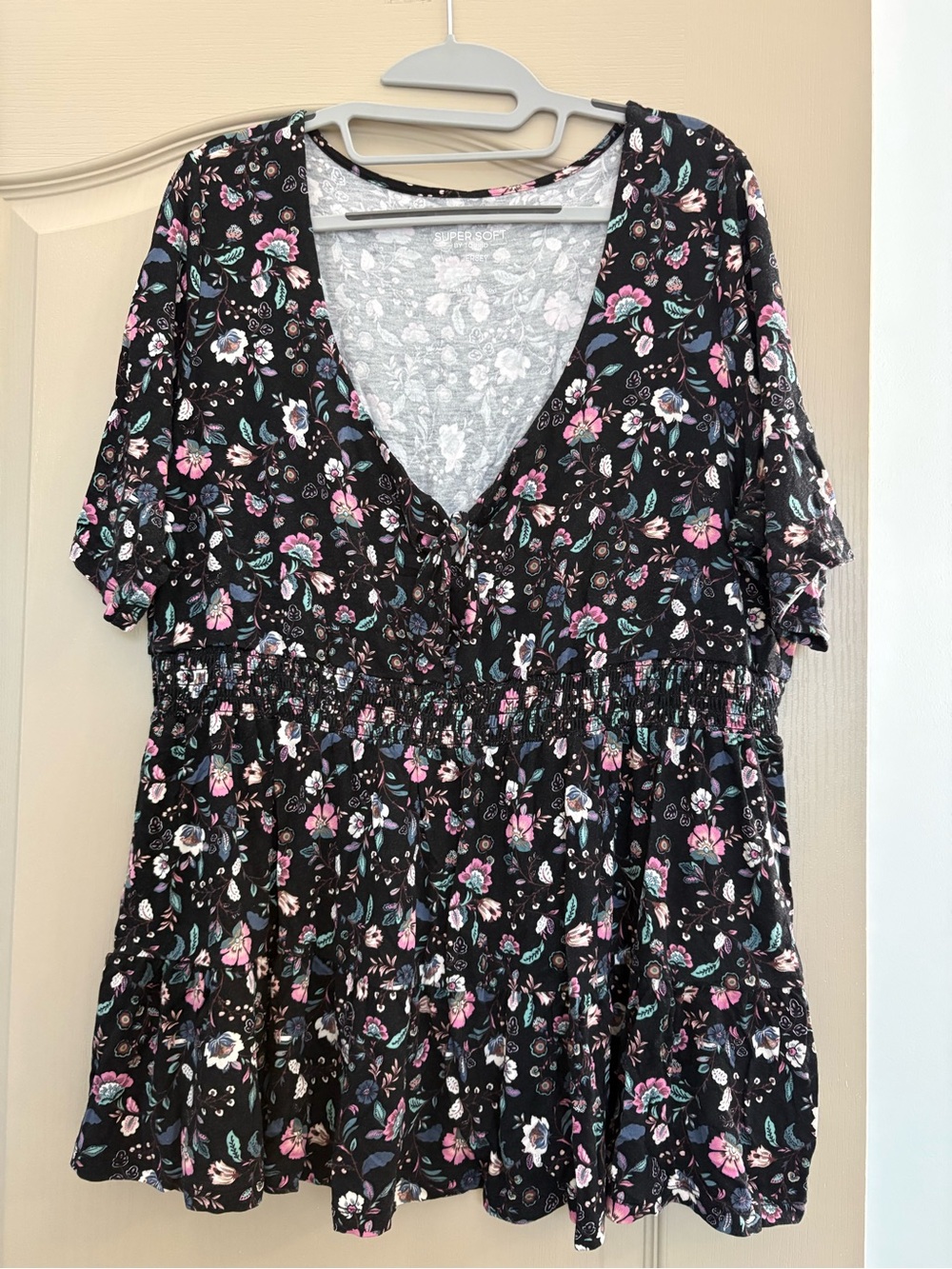 torrid Black Floral V-Neck Peplum Top with Pink & Teal Accents